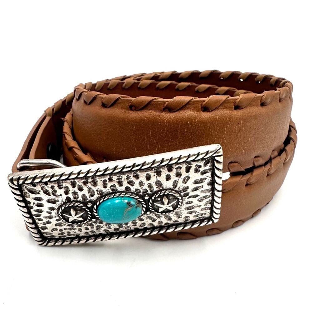 REFLEXIONS by MONTANA unisex leather belt with turquoise on buckle men women
